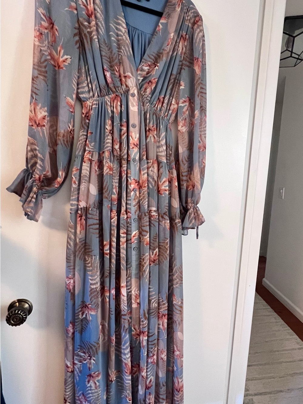 Aakaa Dusty Blue Floral Button-Front Maxi Dress